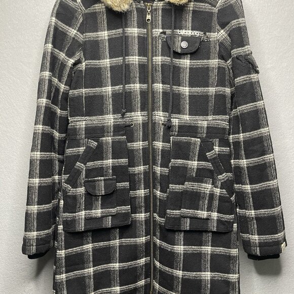 Billabong Coat Women's Black White Plaid Wool Blend Hooded Faux Fur Jacket Small - Picture 4 of 11